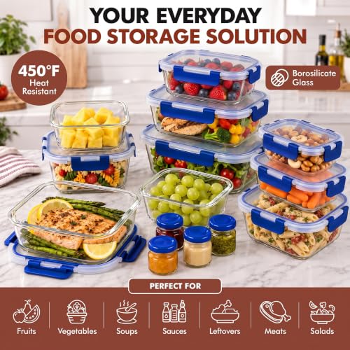 40 PC Set Glass Meal Prep Containers with Airtight Lids (Blue)
