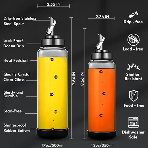 Glass Olive Oil Dispenser Bottle for Kitchen Shatterproof & Leakproof Oil and Vinegar Dispenser Set with Stainless Steel Spout & Rubber Bottom 17 oz Olive Oil Bottle for Cooking (Clear Set of 2)