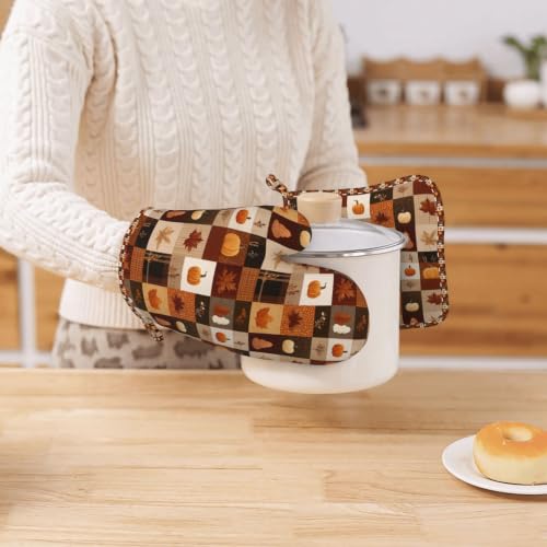 Oven Mitts and Pot Holders Set Autumn Fall Pumpkin Silicone Kitchen Accessories 4 Piece Heat Resistant Long Gloves Potholder Non (C13)