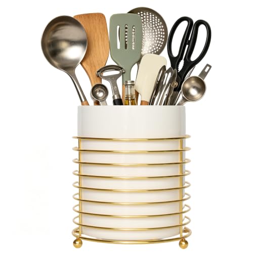 Large Utensil Holder for Kitchen Counter Cooking Utensil Holder Gold Ring Metal Frame and White Ceramics