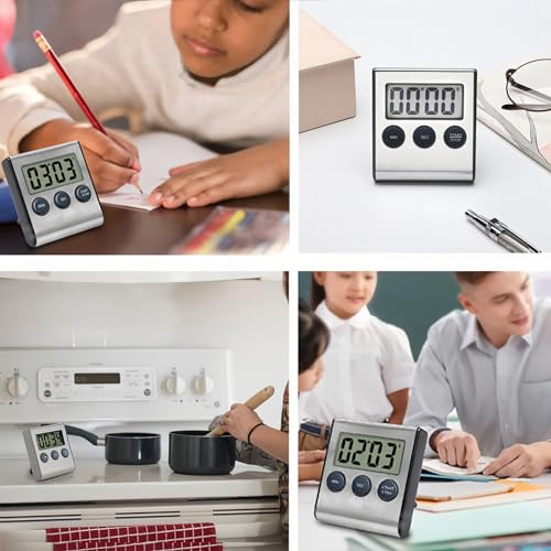 4 Pack Digital Timer with Magnetic Countdown Loud Alarm Hanging Hole Bracket Stainless Steel Battery Easy to Carry for Kitchen Cooking Baking Sports (4 Pack)