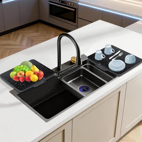 Silicone Dish Drying Mat for Kitchen counter (Black-2pcs / 1'1" x 1'4" (Rectangular))