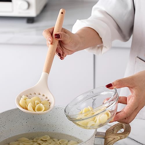 Non Stick Silicone Utensil Set with Rounded Wood Handles for Cooking and Baking (14 Piece Set / Khaki)