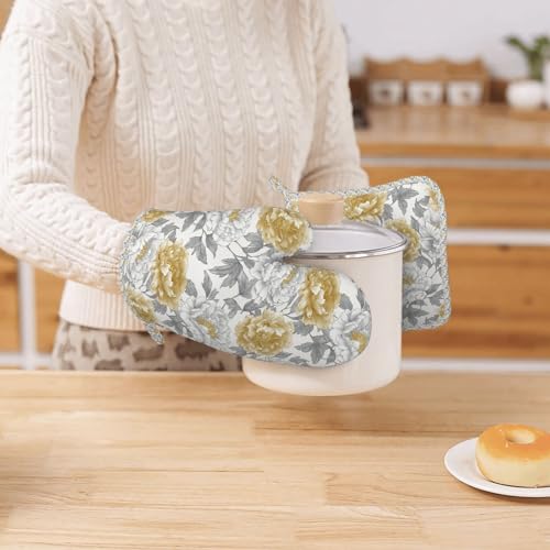 Oven Mitts and Pot Holders Vintage Flower Peony Floral Silicone Kitchen Accessories Set of 4 Heat Resistant Long Gloves Potholder Non (A0996)