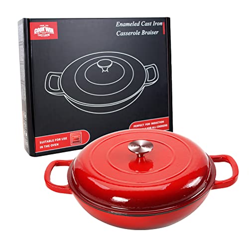 3.8 Quart Enameled Cast Iron Braiser Pan with Lid (Red / 3.8QT)
