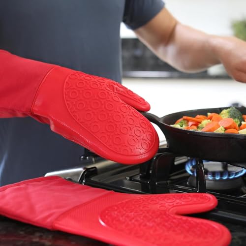 BPA Free Silicone Oven Mitts Ultra Heat Resistant up to 500°F (Red / 2-Piece 13.7" Oven Mitts)