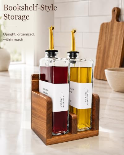 Glass Oil and Vinegar Dispenser Set with Acacia Wood Stand (Clear)