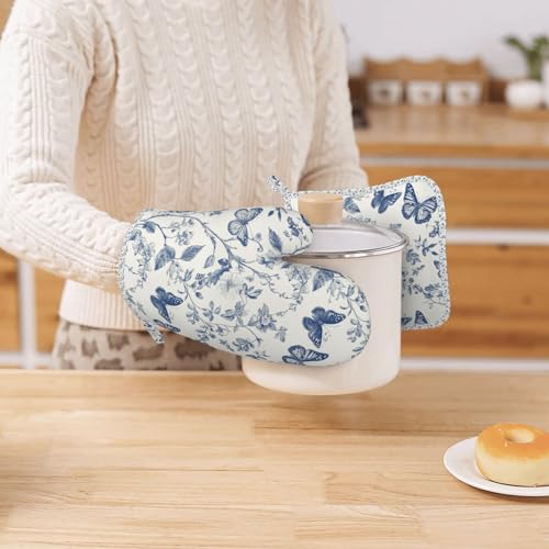Oven Mitts and Pot Holders Butterfly Flower Vintage Blue Silicone Kitchen Accessories Set of 4 Heat Resistant Long Gloves Potholder Non (A066421)
