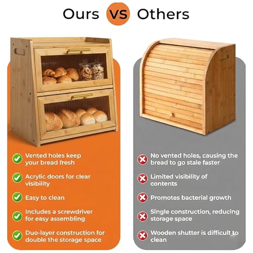 Extra Large Bamboo Bread Box for Kitchen Countertop
