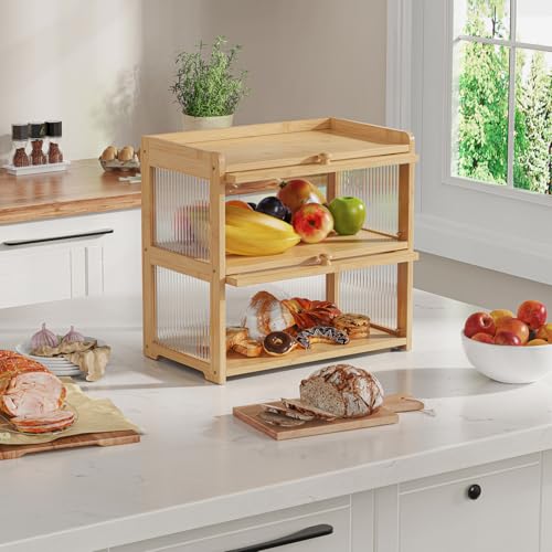 Extra Large Bamboo Bread Box for Kitchen Counter (Natural-Flip Doors)