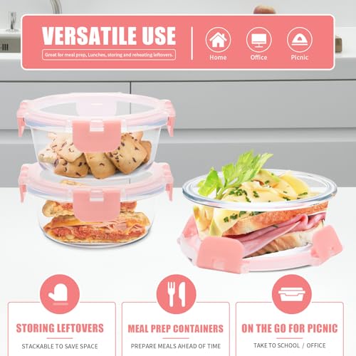 12pack 13oz Small Glass Food Storage Containers with Lids (13oz, 12 Pack - Pink Set, Same Size)
