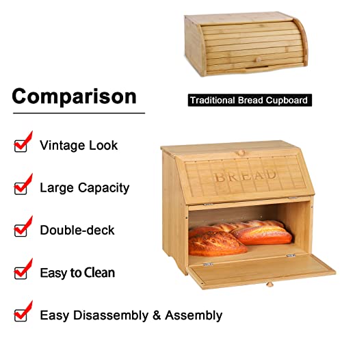 Vintage Double Layer Large Bread Box (Natural Bamboo)