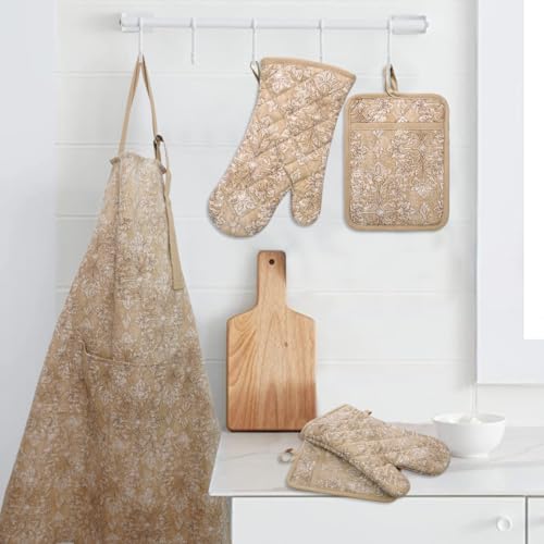 Oven Mitts and Pot Holders with Cooking Apron Set of 5 (Tawny)