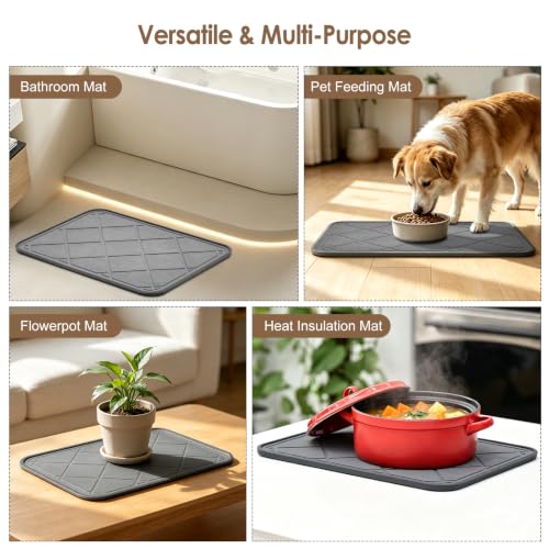 Stone Dish Drying Mat with Silicone Sleeve (Grey - Grid Pattern - 2 PCS / 15.7" x 11.8")