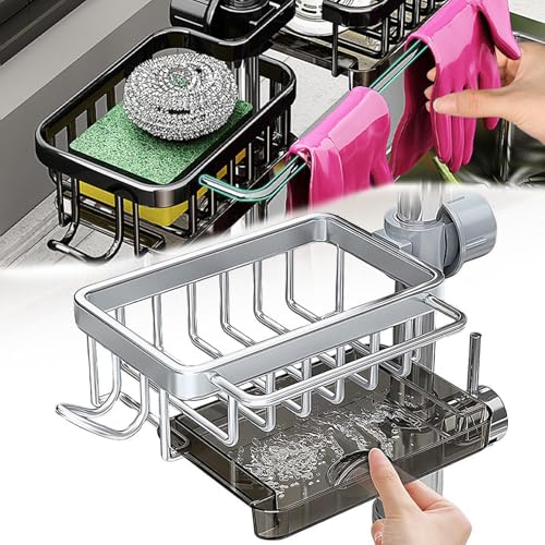 Kitchen Sink Faucet Organizer Multifunction Sponge Holder Organizer Sink Drain Holder Over Faucet Kitchen Sink Caddy with Hook Adjustable for 0.7