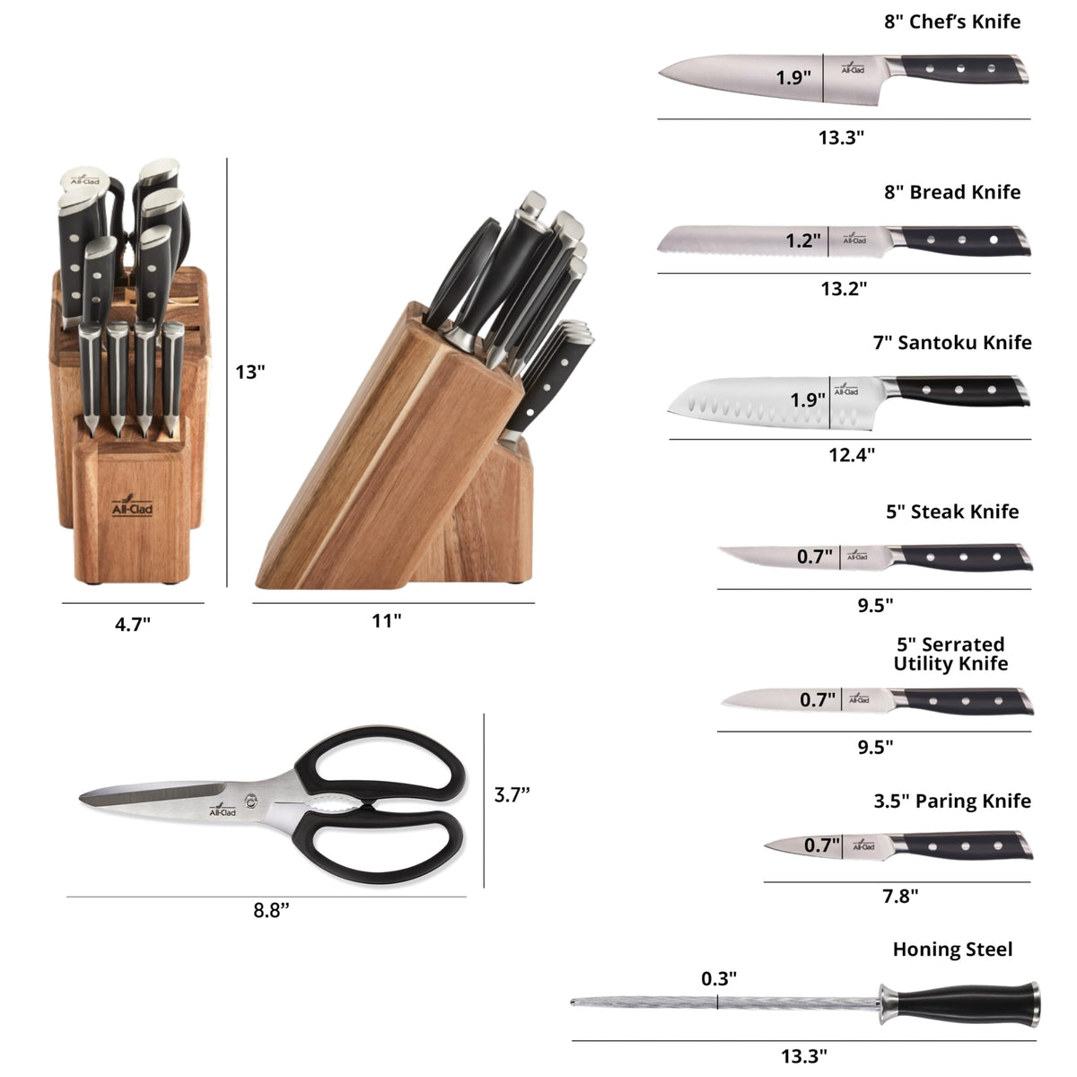Forged German Stainless Steel Kitchen Knife Block Set (Silver/Black / 12-Piece Block Set)