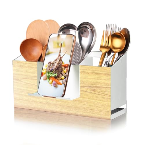 Utensil Holder Large Iron Flatware Container with 3 Compartments Countertop Wall
