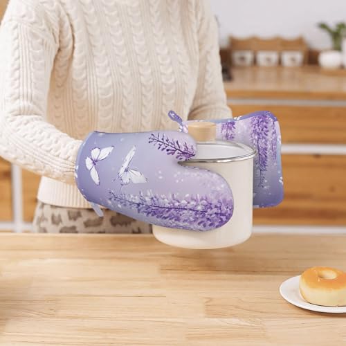 Oven Mitts and Pot Holders Lavender Butterfly Light Purple Flower Silicone Kitchen Accessories Set of 4 Heat Resistant Long Gloves Potholder Non (A06641)