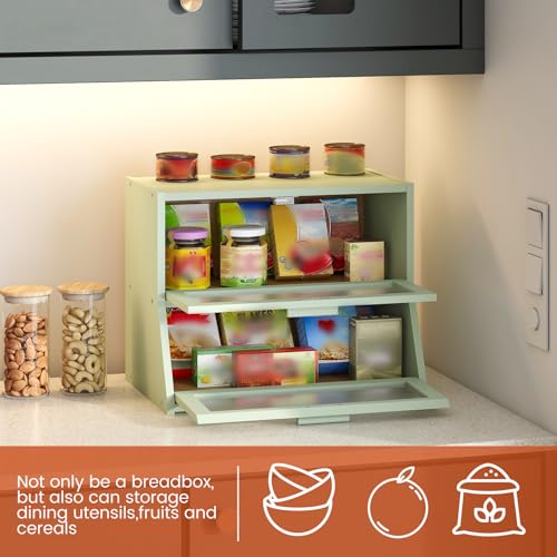 Double Layer Bamboo Bread Box for Kitchen Counter (Light Green / Medium)