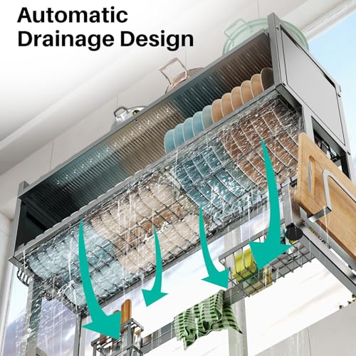 Over the Sink Dish Drying Rack 3 Tier with Dustproof Flip (Gray / 33.4in)