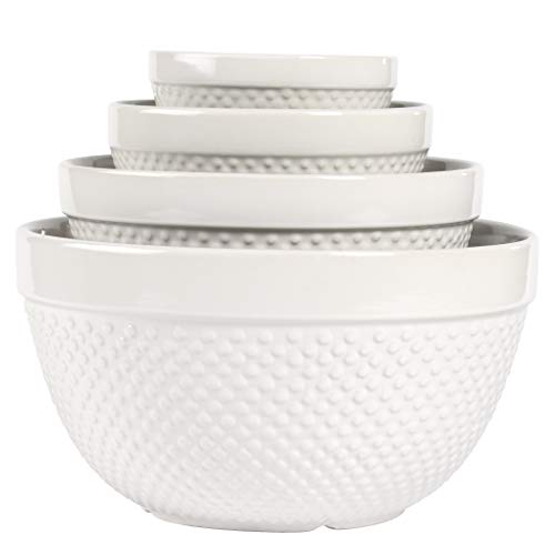 Tabletops Gallery Hobnail Style 4 Piece Stoneware Nesting Mixing Bowl Set for Baking and Cooking