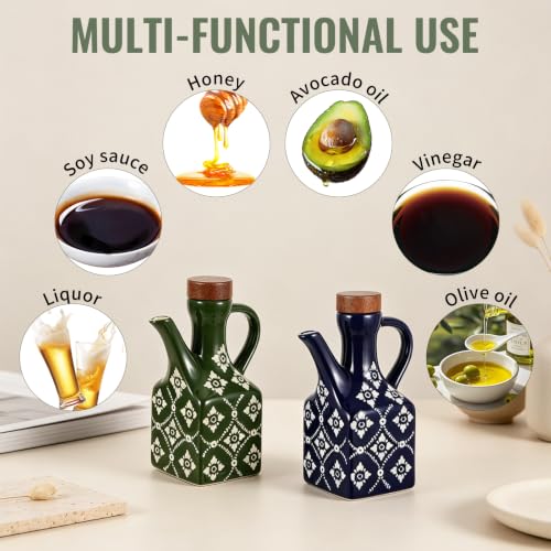 2 Pack 8.5 oz Ceramic Olive Oil Dispenser Bottle Decorative Olive Oil Dispenser Bottle with Handle & Wooden Stopper Relief Opaque Ceramic Oil Cruet for Kitchen Cooking Oil Vinegar (Blue/Green)