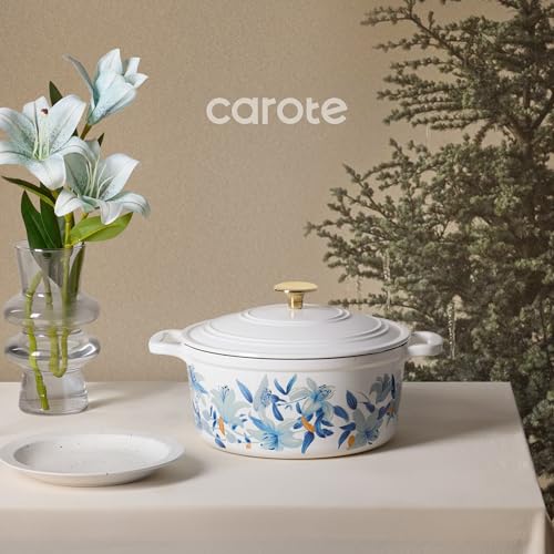 5QT Enameled Floral Cast Iron Dutch Oven Pot with Lid (Blue Floral / 5QT)