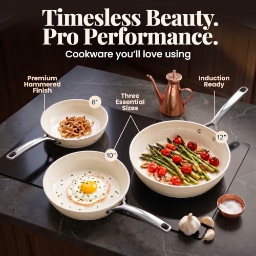 Hammered 3 Pc Titanium Ceramic Nonstick Frying Pans Set (Hammered Cream)