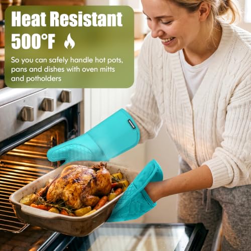 Silicone Oven Mitts and Pot Holders with Kitchen Towels and Dishcloths Sets (Lake Blue)