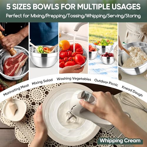 5 Piece Mixing Bowls with Airtight Clear Lids (Khaki / 4.6, 3.5, 2.5, 2, 1.5QT)
