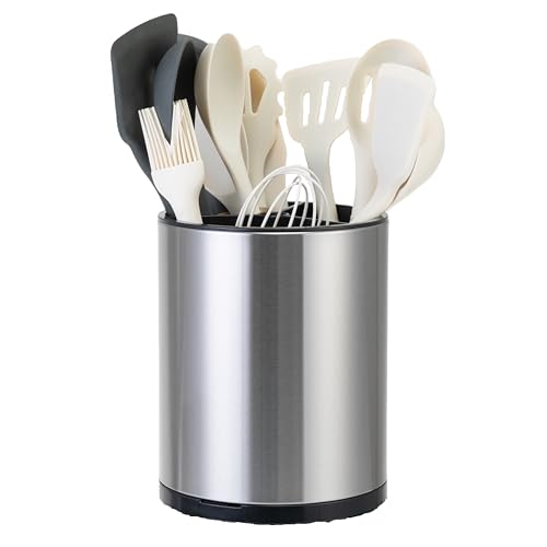 Utensil Holder For Kitchen Counter Organizer Extra Large Silverware Caddy Cooking Utensil Stainless Steel Rotating Kitchen Storage 3 Compartment Flatware Spoon Spatula