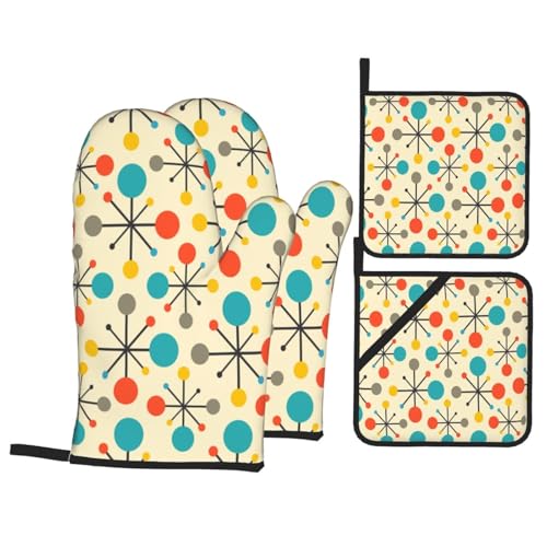 Oven Mitts and Pot Holders Sets of 4 High Heat Resistant Oven Mitts with Oven Gloves and Hot Pads Polyester Potholders for Kitchen Baking Grilling BBQ Non
