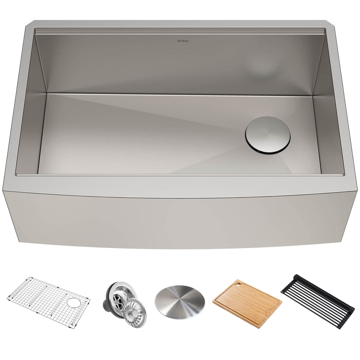 Kore 33 Inch Farmhouse Workstation 16 Gauge Single Bowl Stainless Steel Kitchen Sink with Accessories (33 Inch / Rounded Farmhouse / Stainless Steel)
