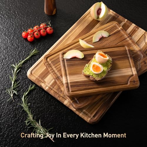 3 Pack Teak Cutting Boards for Kitchen Wood Wooden Cutting Boards Non Toxic (Multi-Size Set | 3 Pack with Holder)