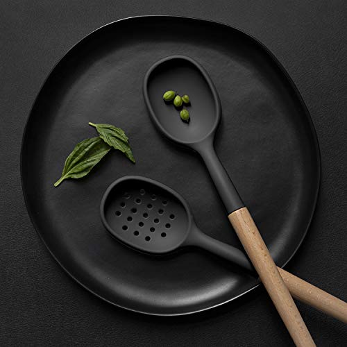 Non Stick Silicone Utensil Set with Rounded Wood Handles for Cooking and Baking (6 Piece Set / Black)