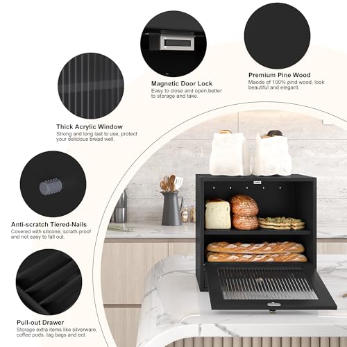 Wooden Bread Box for Kitchen Countertop (Black)