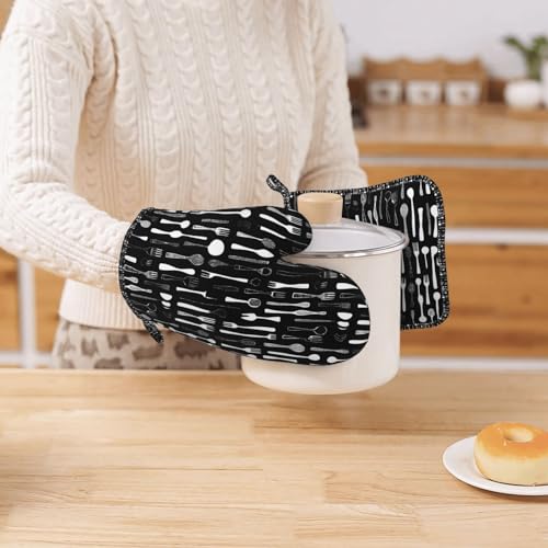 Oven Mitts Pot Holders Set Fork Spoon Pattern Black Silicone Kitchen Gloves Potholders Heat Resistant for Chef Baking Cooking Grilling BBQ 4 Pack Mitt (B0114)