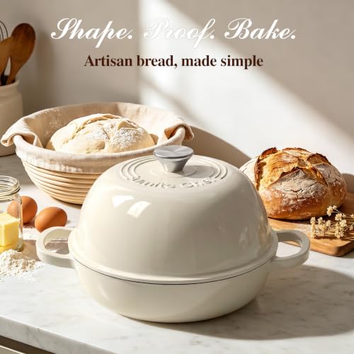 6QT Enameled Cast Iron Dutch Oven for Bread Baking (Cream White)