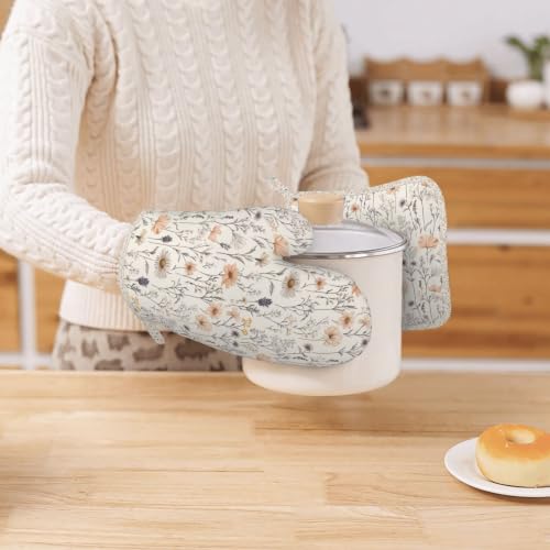 Oven Mitts and Pot Holders Set Vintage Botanical Flower Leaf Silicone Kitchen Accessories 4 Piece Heat Resistant Long Gloves Potholder Non (C09)