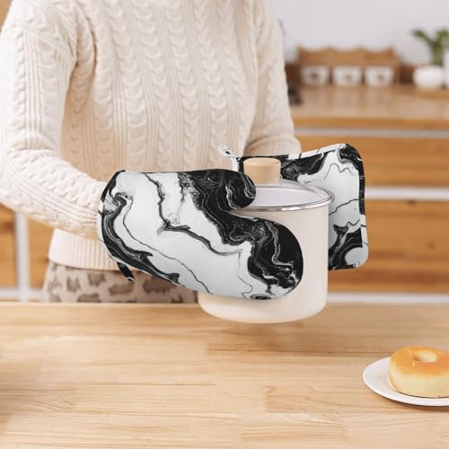 Oven Mitts and Pot Holders Marble Black White Liquid Abstract Silicone Kitchen Accessories Set of 4 Heat Resistant Long Gloves Potholder Non (A0992)