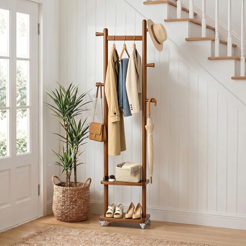 Coat Rack Freestanding Clothing Rack with Wheels & 2 Shelves Storage & 5 Hooks Heavy Duty Clothes Rack Wood Coat Tree Stand Hat Hanger Rack