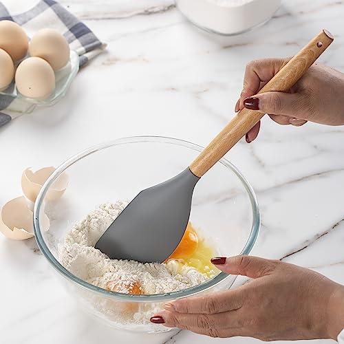 Non Stick Silicone Utensil Set with Rounded Wood Handles for Cooking and Baking (14 Piece Set / Gray)