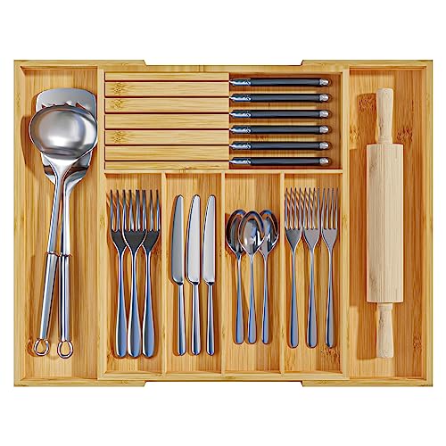 Expandable Silverware Drawer Organizer with Removable Knife Block for Kitchen Utensils