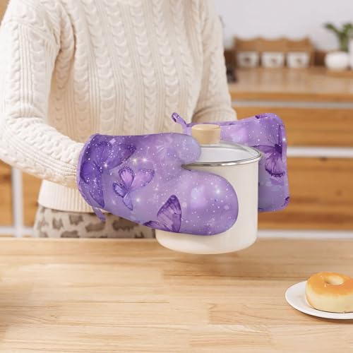Oven Mitts Pot Holders Set Butterfly Purple Pastel Silicone Kitchen Gloves Potholders Heat Resistant for Chef Baking Cooking Grilling BBQ 4 Pack Mitt (B1111)