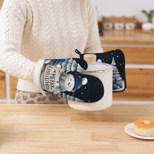 Oven Mitts and Pot Holders Set Snowman Christmas Black Silicone Kitchen Accessories 4 Piece Heat Resistant Long Gloves Potholder Non (C02)