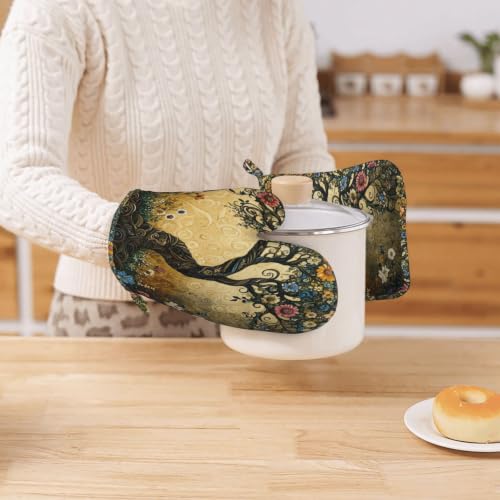 Oven Mitts Pot Holders Set Whimsical Flower Tree Silicone Kitchen Gloves Potholders Heat Resistant for Chef Baking Cooking Grilling BBQ 4 Pack Mitt (A0615)