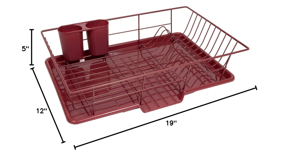 3 Piece Dish Drainer Rack Set with Drying Board and Utensil Holder (Burgundy)