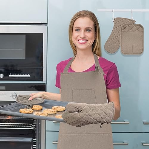 Oven Mitts and Pot Holders with Cooking Apron Set of 5 (Coffee)