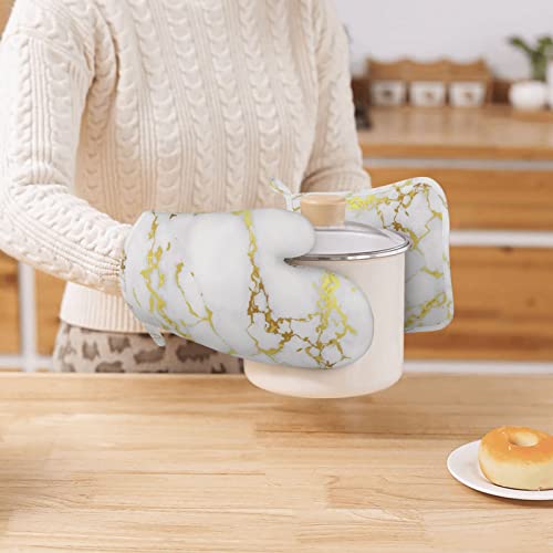 Marble Oven Mitts Pot Holders Set Silicone White Gold Kitchen Gloves Potholders Heat Resistant for Chef Baking Cooking Grilling BBQ 4 Pack Mitt (A2)