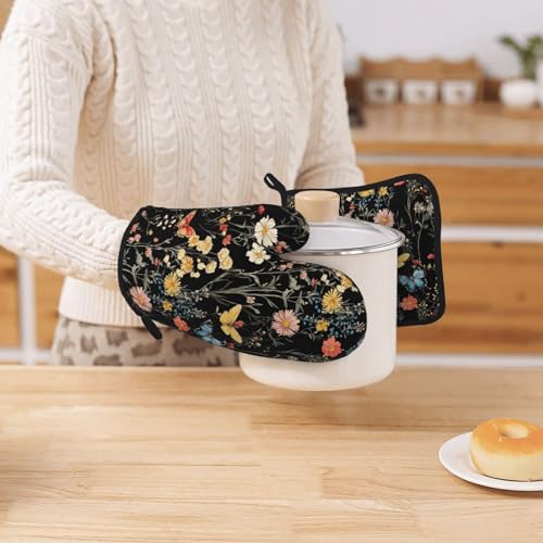 Oven Mitts Pot Holders Set Vintage Butterfly Flower Botanical Silicone Kitchen Gloves Potholders Heat Resistant for Chef Baking Cooking Grilling BBQ 4 Pack Mitt (B017)